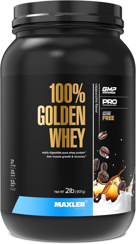 Maxler 100% Golden Whey Protein - 23g protein per serving - Premium protein z serwatki w proszku do ćwiczeń przedpost - Fast- Absorbujący koncentrat serwatki, Isolate & Hydrolysate Blend - Cappuccino 2 lb