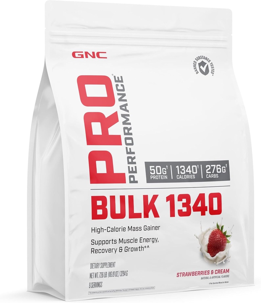 GNC Pro Performance luzem 1340 Mass Gainer Protein Powder, 50g, Gluten Free, Serwatka, Kreatyna, BCAA, 3. Party Tested, Odzysk mięśni i wzrost, Mikroskładniki, Truskawki i śmietanka, 9 Służenie