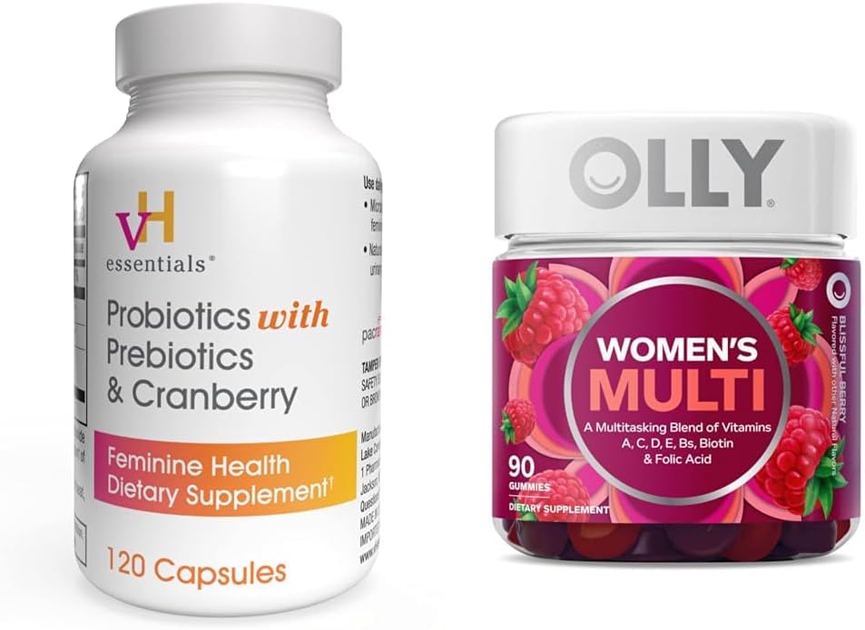 vH niezbędne Probiotyki z Prebiotyki i Żurawinowy Suplement do Zdrowia Kobiet - 120 Kapsułki i OLLY Kobiety Multivitamin Gummy, Berry, 90 Count Bundle