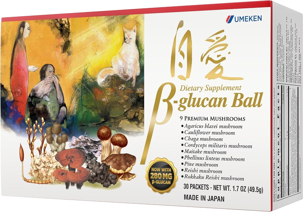 Umeken Beta Glucan, Immune Boost, Ekstrakt z grzybów, Suplement diety, Mieszanka 9 Premium Glushroom Extract Pakiety, Łatwy do przyjęcia Beta Glucan Suplementy, 1 Miesiąc dostaw, 30 Pudełko liczenia, Opakowanie z 1