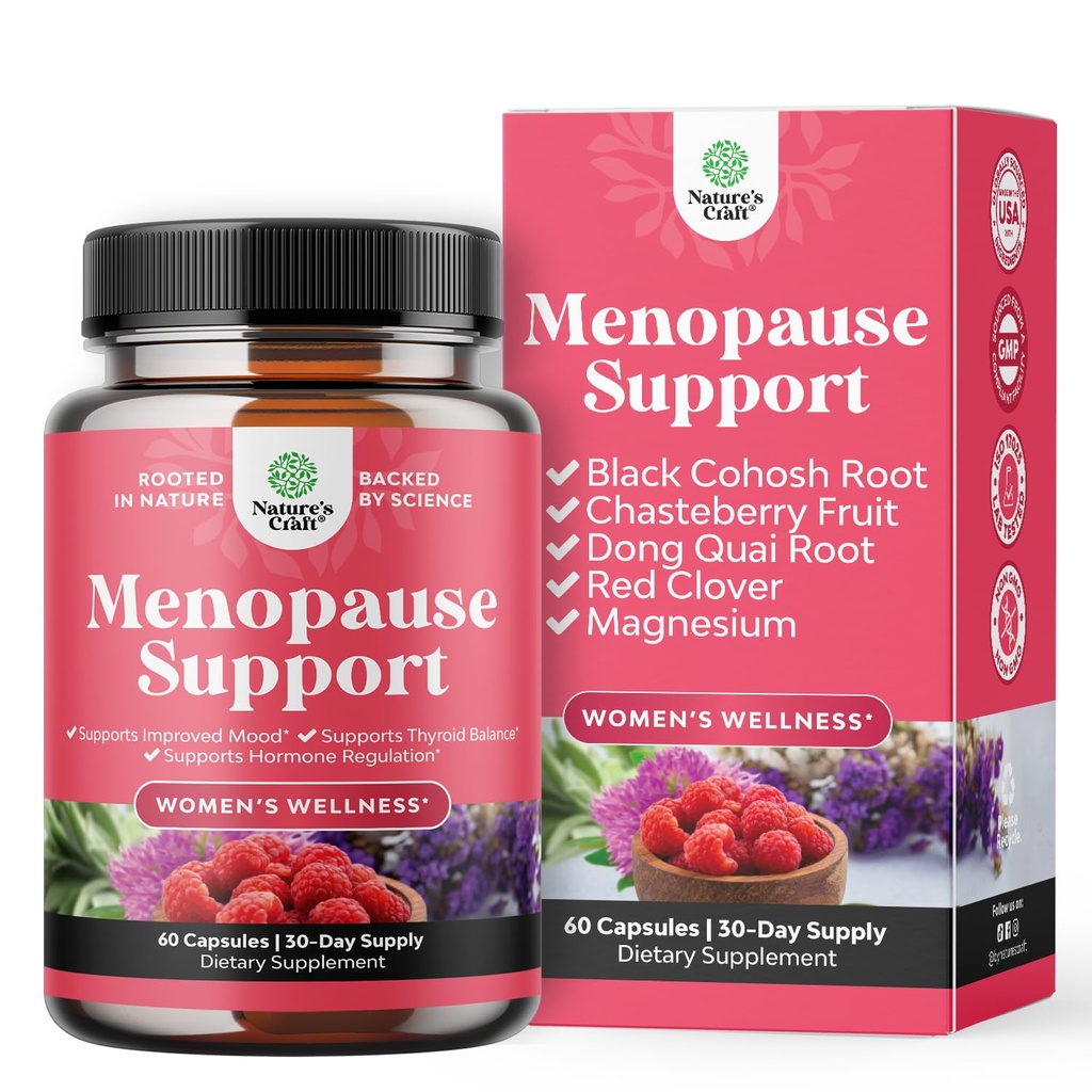 Kompletny suplement menopauzy ziołowej dla kobiet - Kobieta Hormon Równowaga Kapsułki dla nocnych potów Gorące błyski i huśtawki nastrojów z Dong Quai, Chaste Berry & Black Cohosh Root - 60 Count Pack