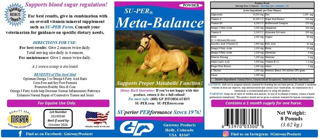 SU- PER Meta- Balance Koń Metaboliczne Wsparcie Metaboliczne - Regulacja Cukru krwi i suplement diety - Witaminy i minerały koni, Ekstrakty ziołowe, Probiotyki - 8 Funt, 1 Miesiąc dostaw