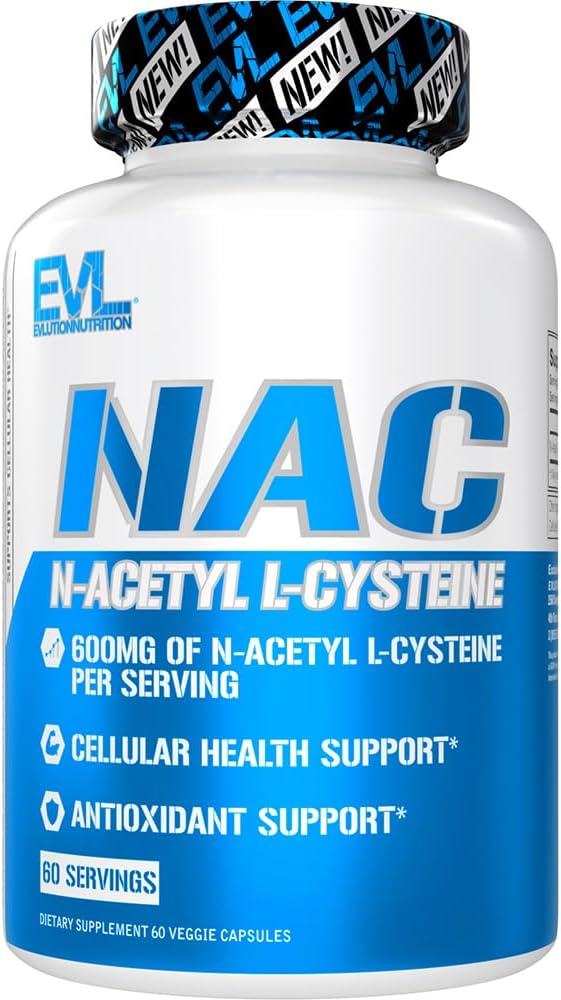 Evlution Nutrition NAC N- Acetyl L- Cysteine - 600mg N- Acetyl L- Cysteine Per Serving - Antioksydant Support - Health Support - Dietetic Supplement - Vegan & Gluten Free - 60 Veggie Capsules - 60 Servings
