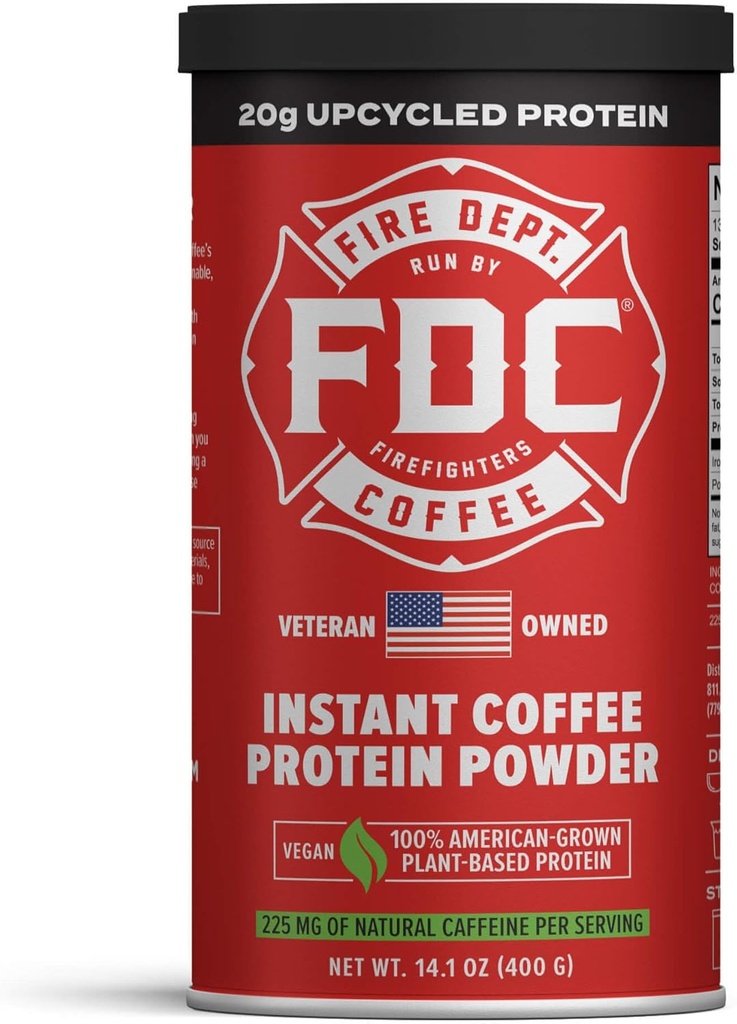 Straż pożarna Kawa - Oddaje z powrotem do strażaków - Natychmiastowy proszek do protein kawy - Proszek na bazie białka roślin - 100% American- dorosły, Made with Upcycled Barley Protein - Weteran Własny - 14.1 Oz Can