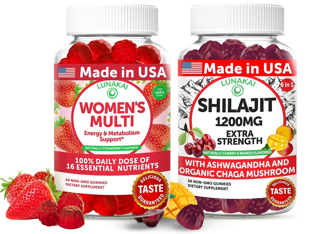 Lunakai USA Made Womens Multivitamin & Shilajit Gummies Bundle - Energia, Immune & Vitality Support - Natural Flavored - 60 Non-GMO Gummies Każdy