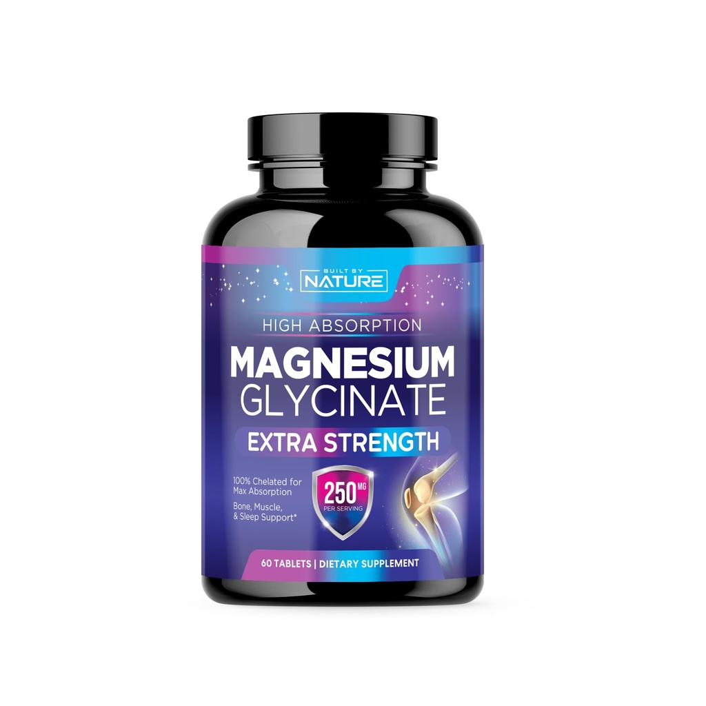 Glicynian magnezu 250mg - Wysoka absorpcja Chelatowany suplement magnezu - 100% Czysty glicynian magnezu - Stres, sen, Serce, i wsparcie zdrowia mięśni - Non-GMO, Wegan, Gluten- Free (60 tabletek)