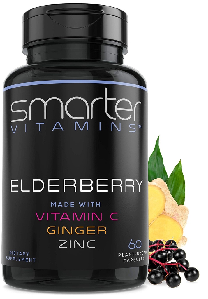 Inteligentniejszy Elderberry Kapsułki + Witamina C + Imbir & Cynk, Suplement ziołowy, Potężny czarny ekstrakt Elder Berry przeciwutleniacz Witamina, 60 Tabletki wegańskie