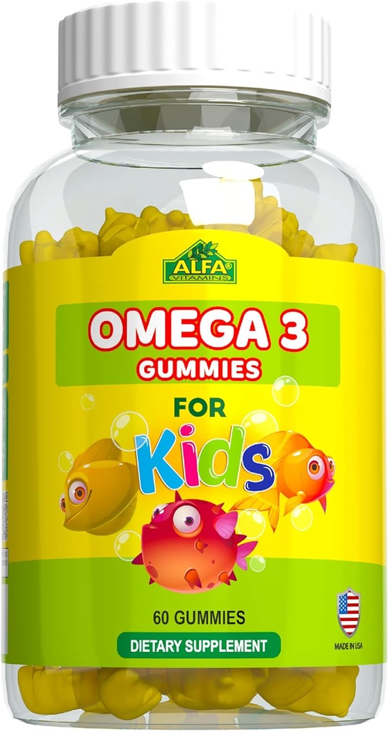 ALFA VITAMINS Omega 3 Gumie dla dzieci, Wspomaga rozwój mózgu, Heart Health & Vision, Easy to Chew, Omega 3 Suplement dla dzieci, Pomarańczowy aromat, No Fishy Taste, 3 Gummies Daily, 60 Gummies