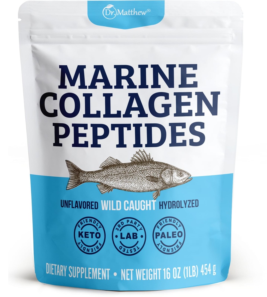 Dr Matthew Marine Collagen Peptydes Proszek z hydrolizowanego białka ryb dziko złowionych - uzupełnienie włosów i urody dla kobiet i mężczyzn
