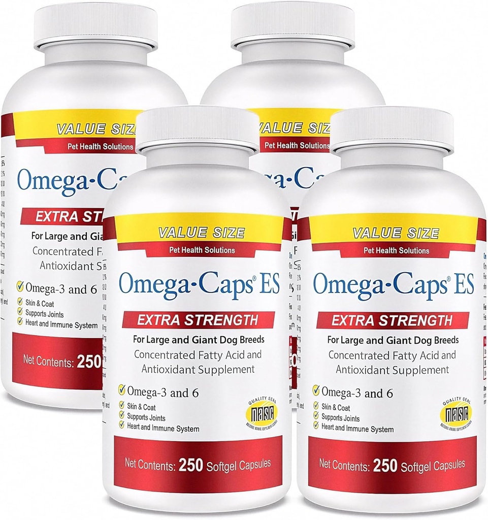 Omega- Czapki Dodatkowa siła dla dużych Breeds- Vet Przygotowany do zdrowej skóry promienistej & Coat Podczas zmniejszania rozrzucania. Zawiera Omega 3 do wsparcia układu immunologicznego, Łatwy w dawce, 1000 Kapsułki żelowe