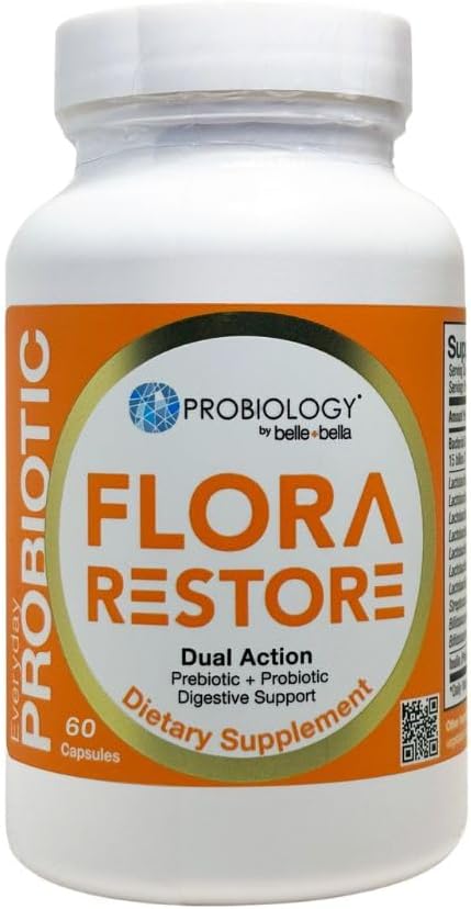belle + bella Flora Restore Daily Probiotic - 15 Billion Live Cultures - Probiotyki i Prebiotyki dla Digestive & Gut Health - Wsparcie immunologiczne - Promotes Regularity - Vegan & Gluten Free - 60 Caps