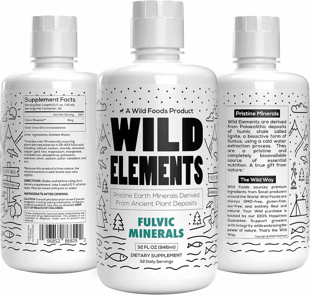 Wild Elements Gut Support Fulvic Acid Mineral blend derived from Ancient Plant Deposits, Heal Gut Linning, Ulepszenie kognicji i odporności, 70 + Minerals, All Natural, 32 oz