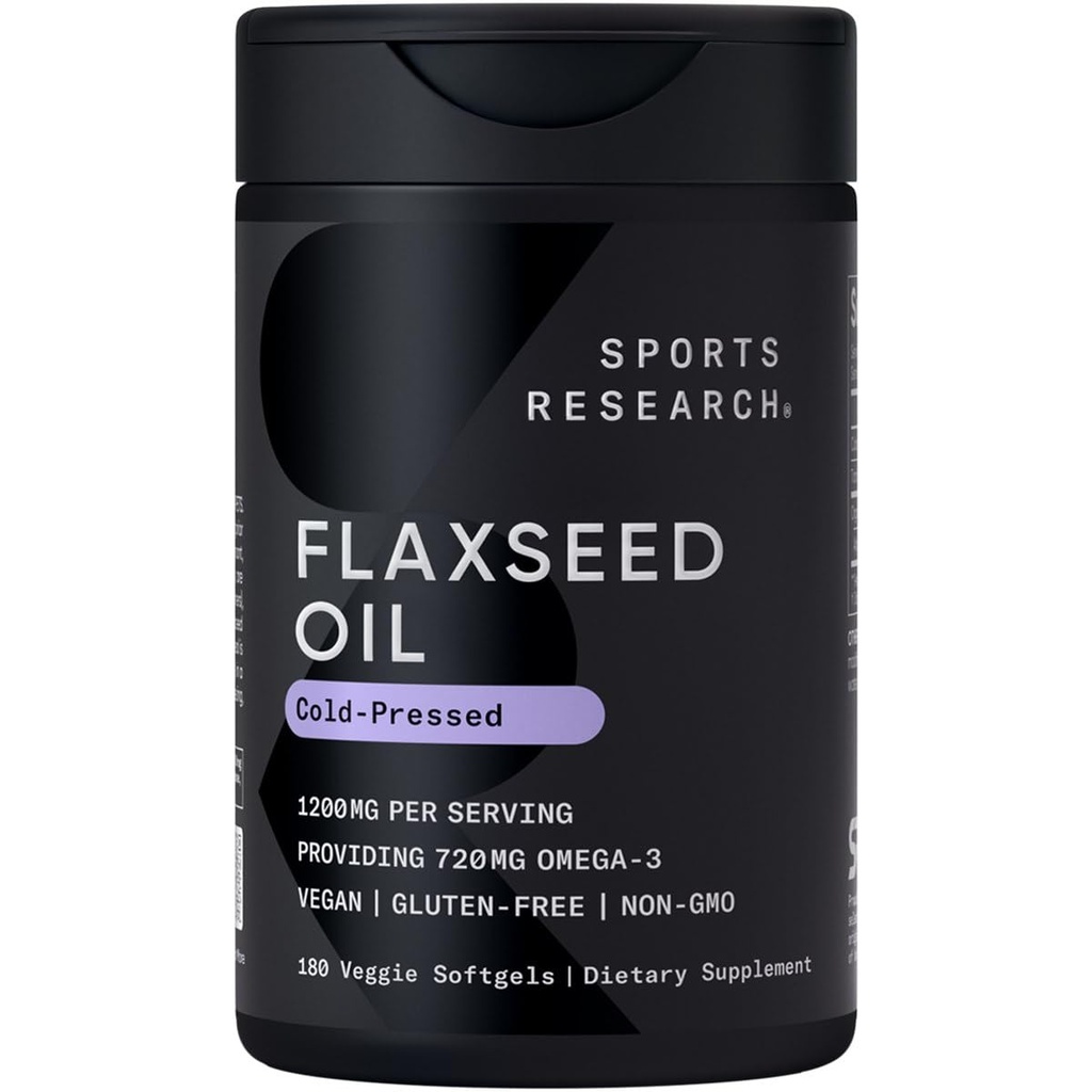 Sports Research Vegan Flaxseed Oil (1200mg) Herbal Supplement with Plant- Omega 3 - Vegan Certified & Non-GMO Verified - Gluten, Soy & Carrageenan Free (180 Veggie Softgels)