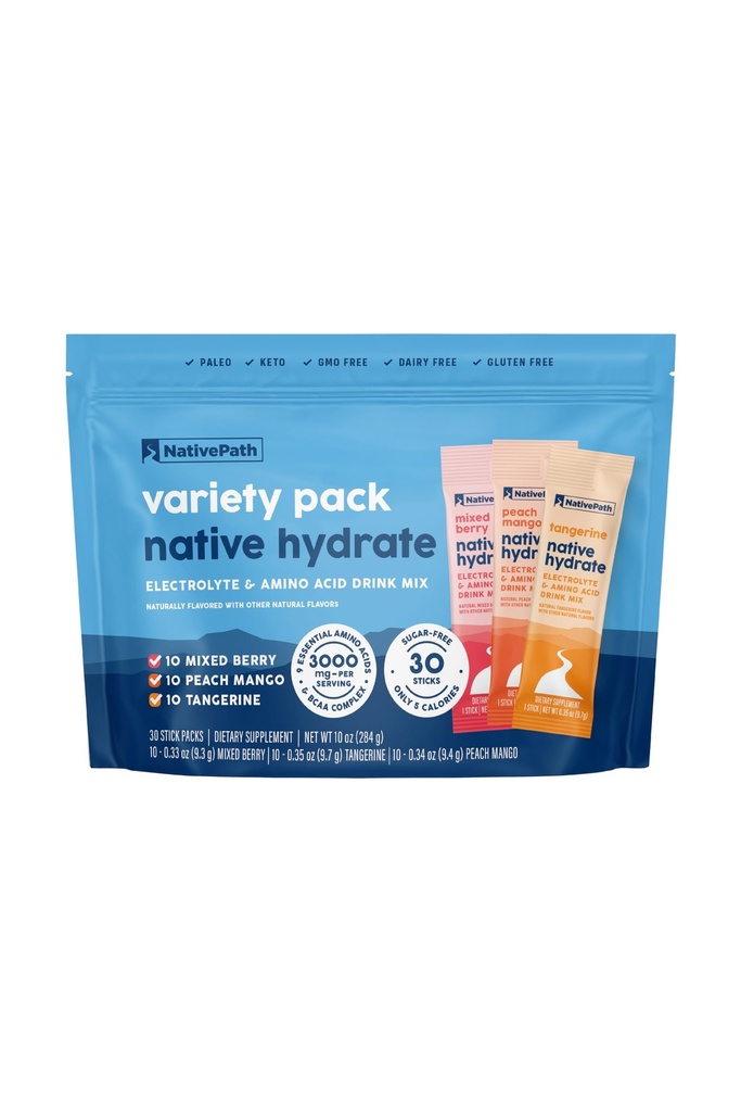 NativePath Native Hydrate Stick Pack z elektrolitami i aminokwasami, Variety Pack, Mieszane Berry, Peach Mango, Tangerine, 30 Służenia