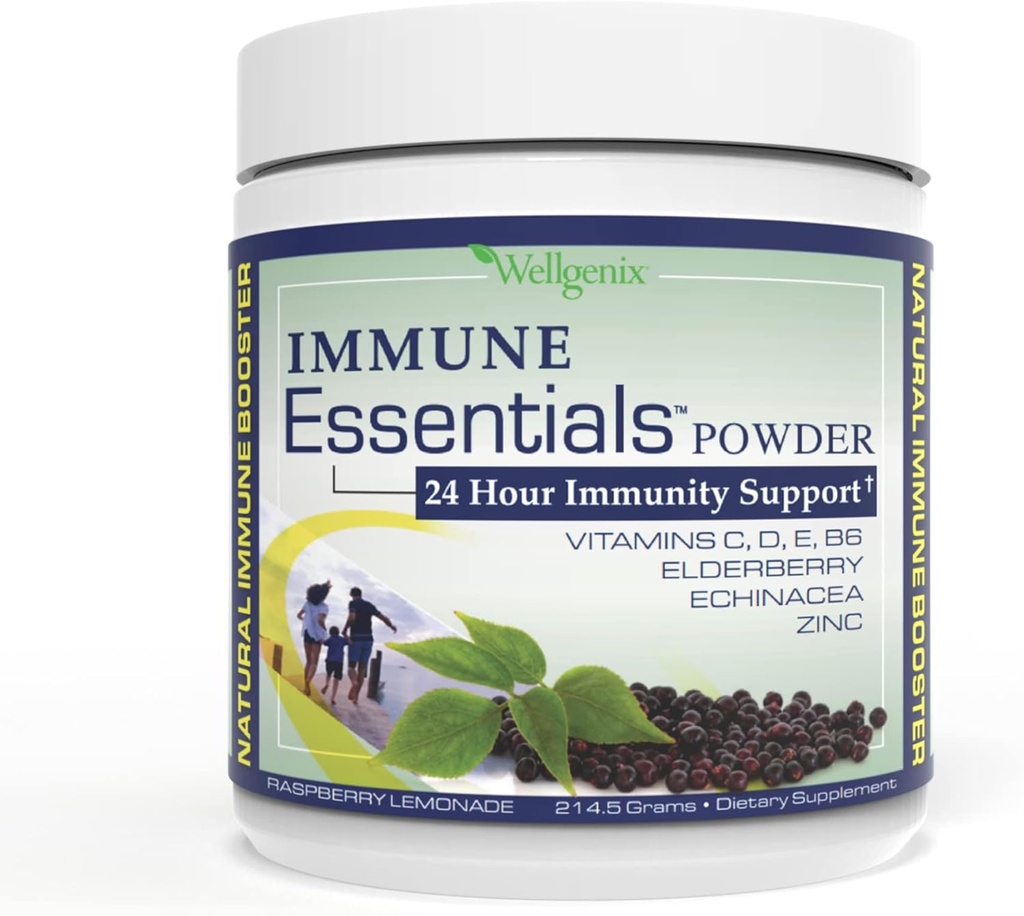 Wellgenix immunologiczne Essentials - Proszek wielowitaminowy dla mężczyzn, kobiet i dzieci - Wegański suplement z witamin C, D Elderberry cynku, Echinacea dla Toddler, Kid & Adult - 7.57g (Lemoniada malinowa)