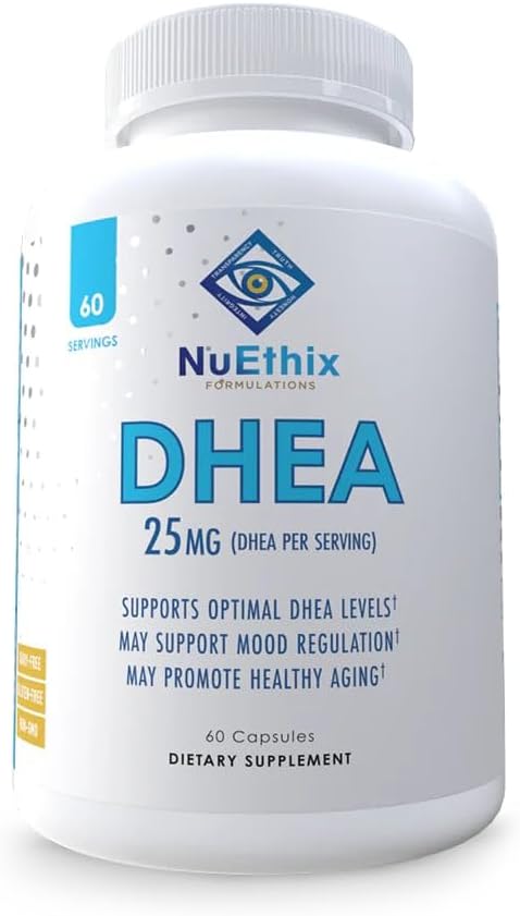 NuEthix Kombinacje DHEA 25mg Suplement dla Kobiet i Mężczyzn, Zawiera ekstrakt grejpfrutowy, Ulepszone wsparcie dla hormonu DHEA, Zwiększona dostępność bio-, Bez cukru, Bez glutenu, Nie GMO, 60 Służenie