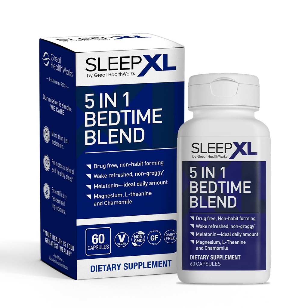 SleepXL Sleep Supplement Non-Habit- Forming Formuła - Fall Asleep Szybszy i dłużej snu - 5 kluczowych składników to Melatonina, L- Theanine, Rumianek, Magnezu i witaminy B6 (60 Kapsułki, 30 Służenie)