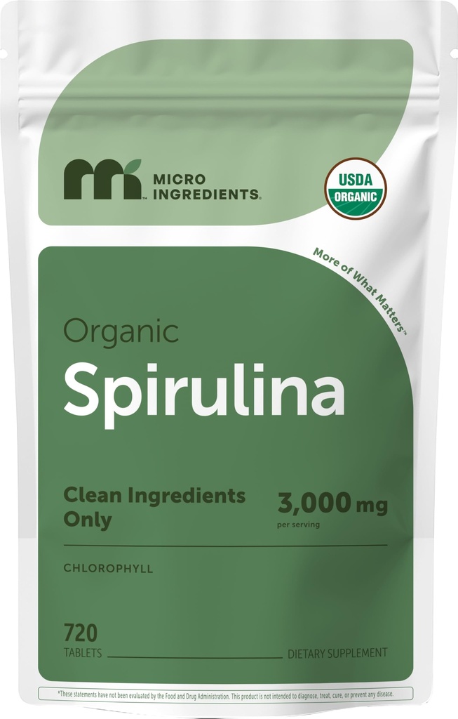 Micro Składniki Organic Spirulina Suplement, 720 Tabletki (4 Miesiące dostaw), No Filler & Non-GMO, Bogaty w Vegan Protein, Witaminy i Prebiotyki, Premium Spirulina Pigułki