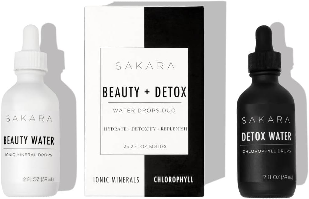Sakara Beauty Water + Detox Water Drops, 60 Słupy - Ślady Mineralne Krople i Chlorofil Płynne Krople, Płynny Magnez, Chlorek, Sodu, Potas, Suplementy boru, Płynny Chlorofil Krople