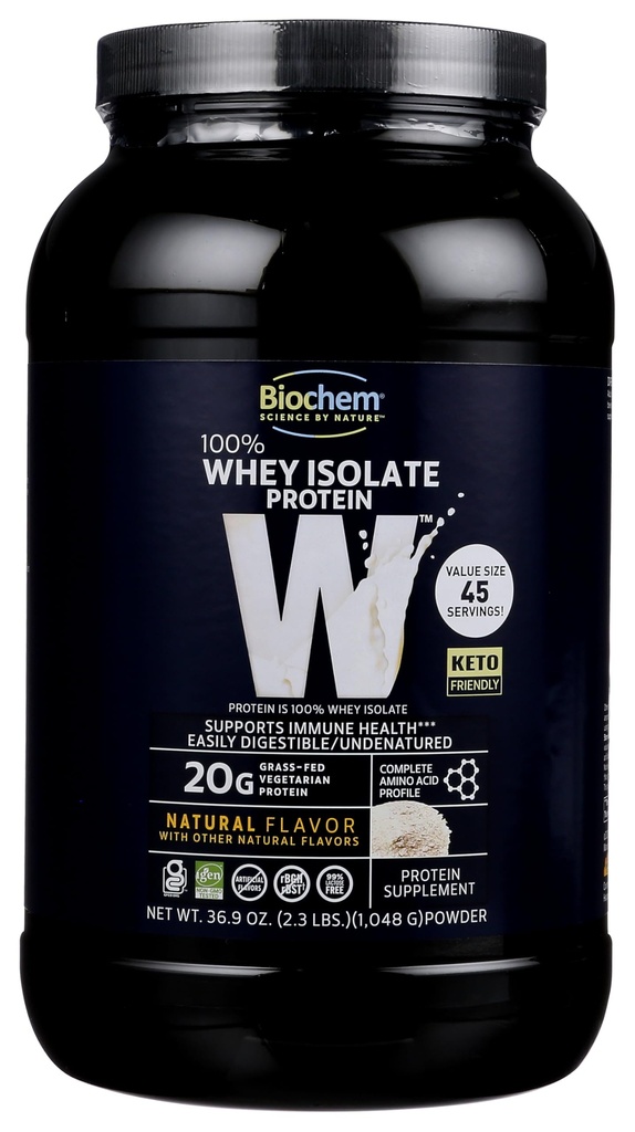 Biochem 100% Białko izolatu serwatki - Naturalny aromat - 20g białka - Trening przed- i post - Wymiana posiłków - Keto- Friendly - Łatwy do strawienia - Silky Smooth Taste - Łatwy do wymieszania (36.9 oz)