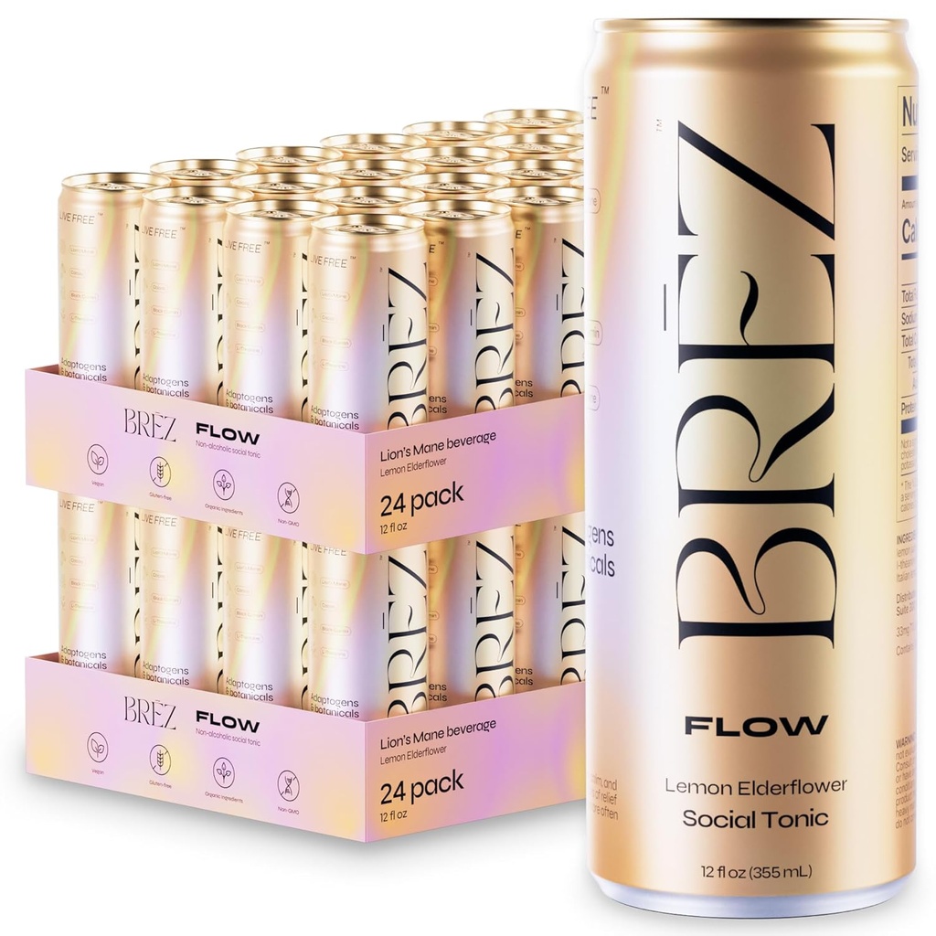 BREZ FLOW Mushroom Mane Mushroom Drink, 48- Pack, Non-Infused, Adaptogens, Relieving, Podnoszenie i społeczne, musujące Lemon Elderflower Tonic 12 Fl oz