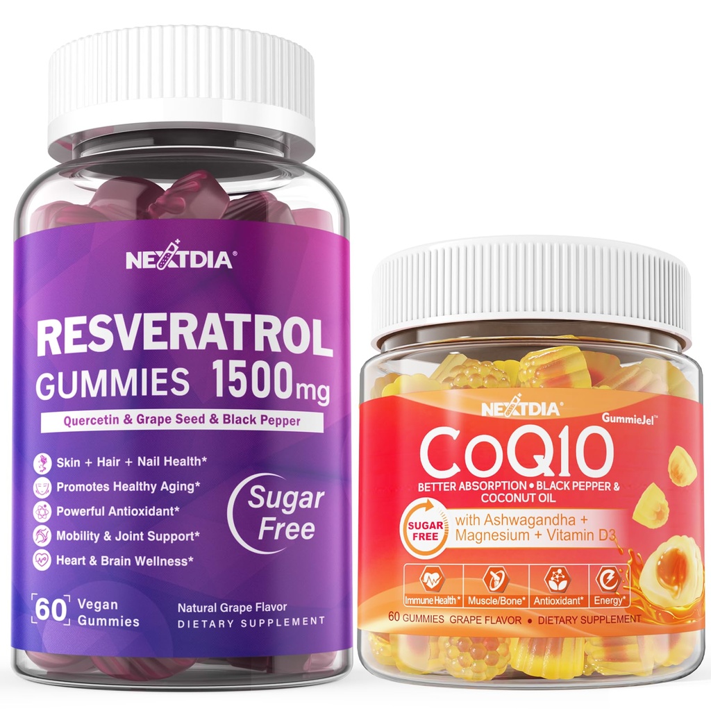 Bezcukrowe Gumiaki Resveratrol 1500mg + CoQ10 200mg 100mg Nadziewane Gumiaki z Magnezu Wsparcie Zdrowe Starzenie i długowieczność