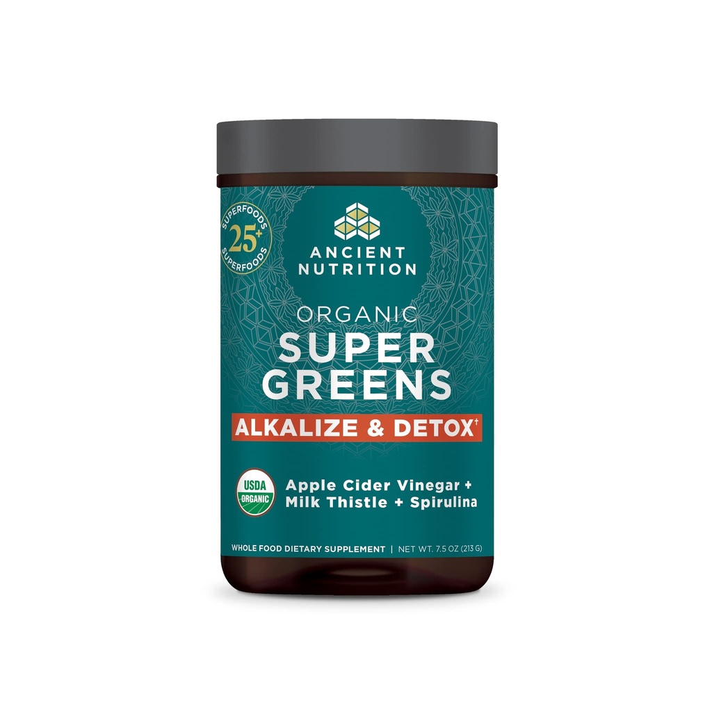 Ancient Nutrition Supergreens Alkalize & Detox Powder, Organic Superfood Powder Made from Real Fruits, Warzywa i Zioła, do żywienia i wsparcia energetycznego, 25 Służenia, 7.5oz