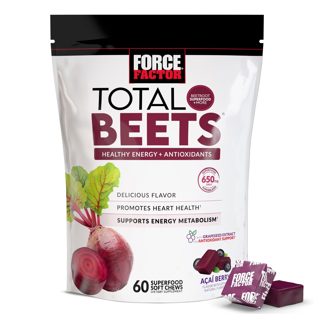 Siła Factor Total Beets Soft Chews z buraków, azotany, L- Citrulline, ekstrakt z winogron i przeciwutleniacze, Zdrowy suplement energii z elitarnych składników, Heart Health Superfood, 60 Chews