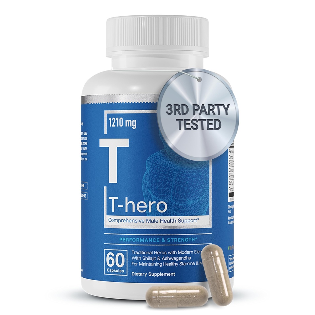 Elementy zasadnicze T- Hero - Codzienne wsparcie testosteronu dla mężczyzn - Promotes Vitality & Drive - z Ashwagandha, Shilajit, Boron, DIM - 60 Hrabia - 30 Sługi
