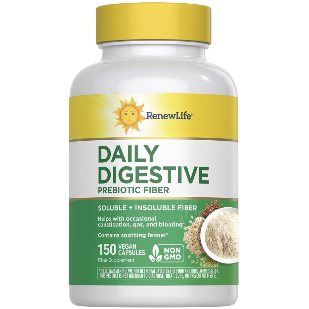 Renew Life Adult Daily Digestive Prebiotic Fiber, 150 Kapsułki wegetariańskie (Pakiet może Vary)