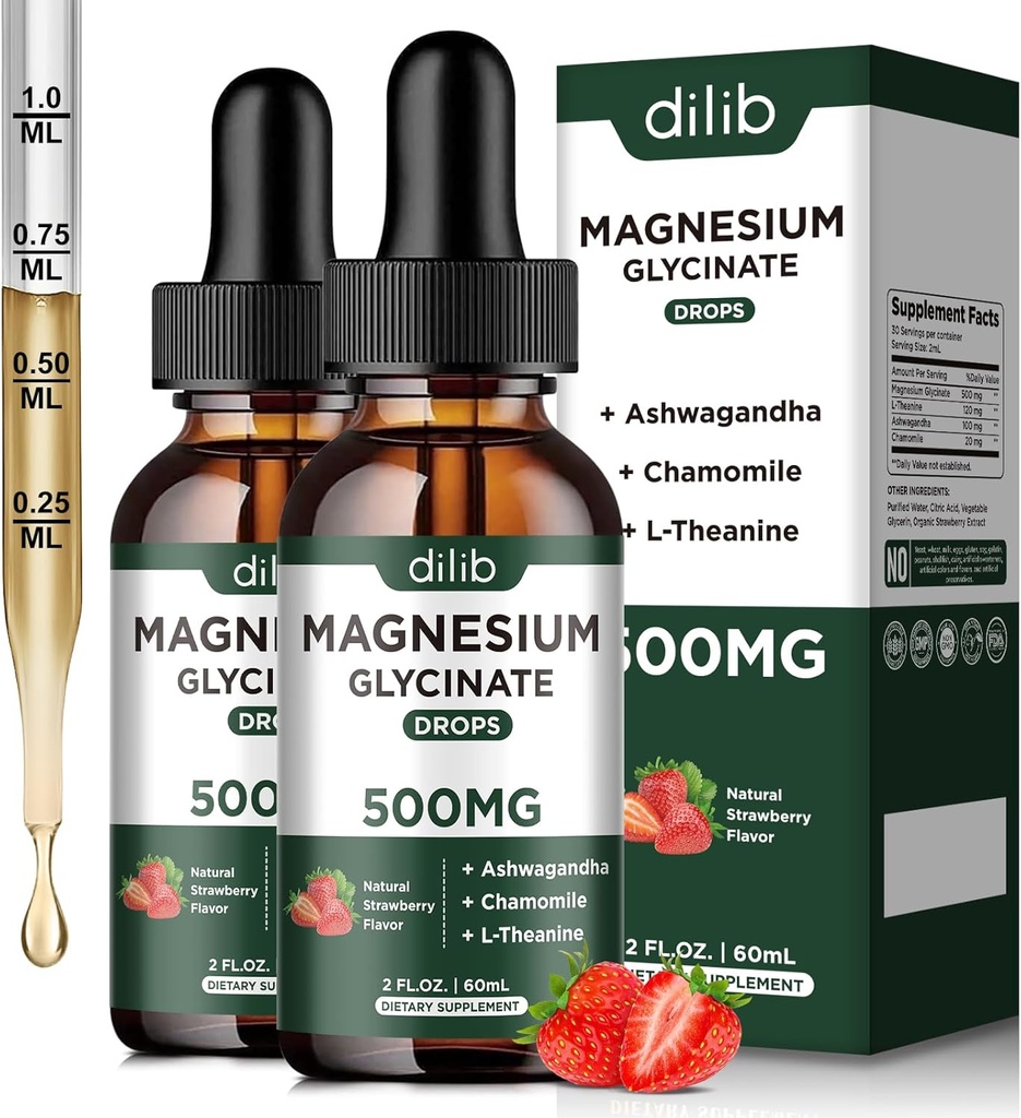 Magnezu Glycinate Liquid Drops Supplement, z Magnezu Glycinate 500mg Ashwagandha, L - Theanine, Rumianek -Wsparcie Stress Relief, Kości, Mięśnie, Mood Strawberry Flavor 2Pack