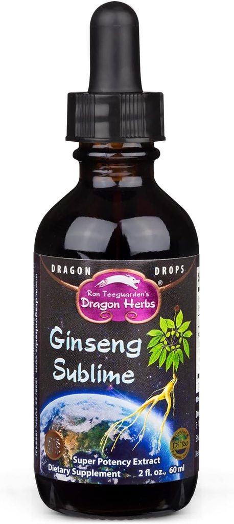 Dragon Herbs Ginseng Sublime Drops 124; All Natural Extract Supplement to Support Energy, Stress, Focus, Skóra, Wytrzymałość, Płuca, Immune Health Birth124; American, Red, and White Ginseng Birth12 4; 2 fl. oz