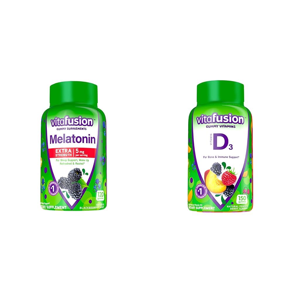 Witafuzja Dodatkowa siła Melatonina Gummy Witaminy, 5mg, 120 ct Gummies i Witamina D3 Gummy Witaminy dla wsparcia kości i układu immunologicznego