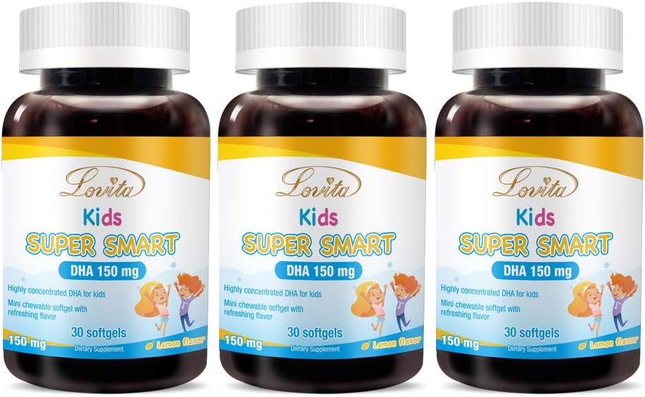 Lovita Kids Super Smart DHA, 150mg DHA i 30mg EPA z Omega 3 Kwasy tłuszczowe, Wspiera zdrowie mózgu, Natural Lemon Flavor, 30 Softgels do żucia (Opakowanie po 3)