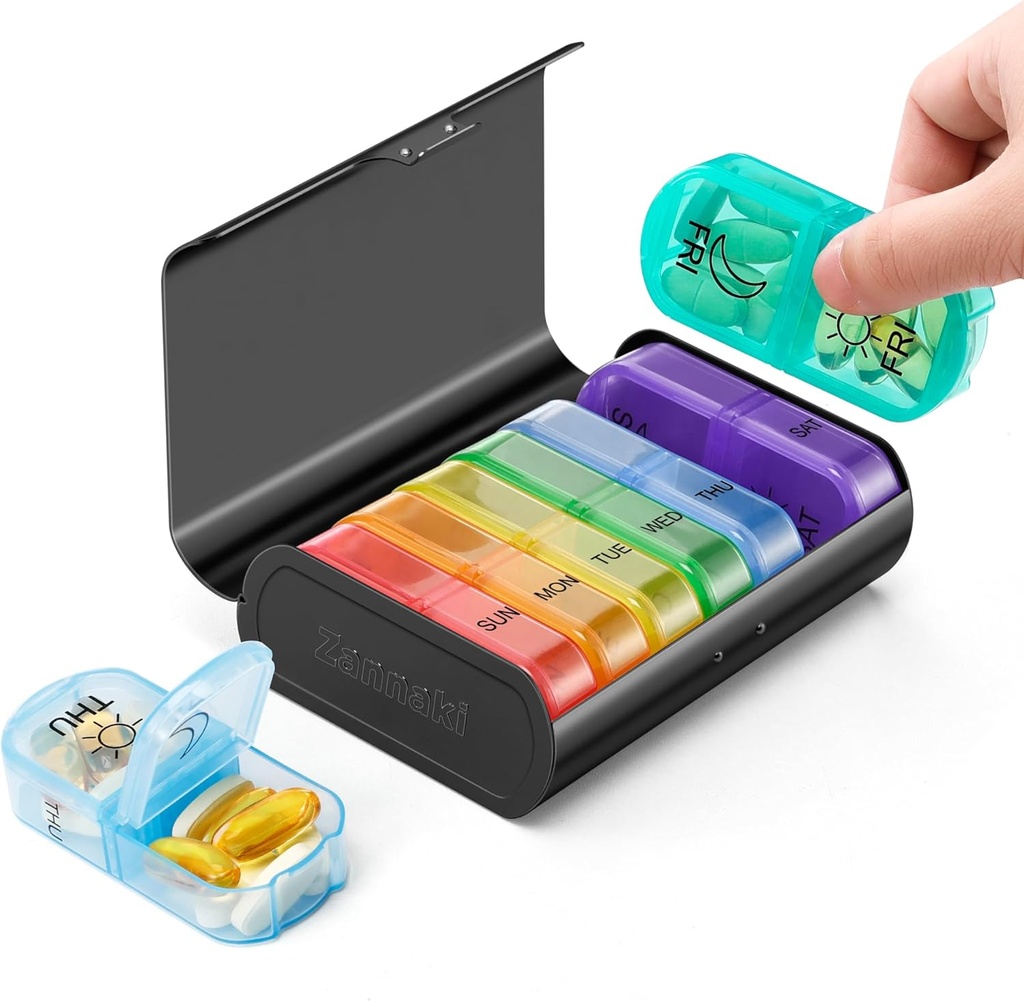Zannaki Metal XL Cotygodniowy Pill Organizator 2 razy dziennie, Duże Podróże codzienne Pill Box 7 dzień, Przenośny Tydzień Dwa razy Pill Holder pojemnik, AM PM Pill Case for Medicine witaminy suplement medyczny, czarny