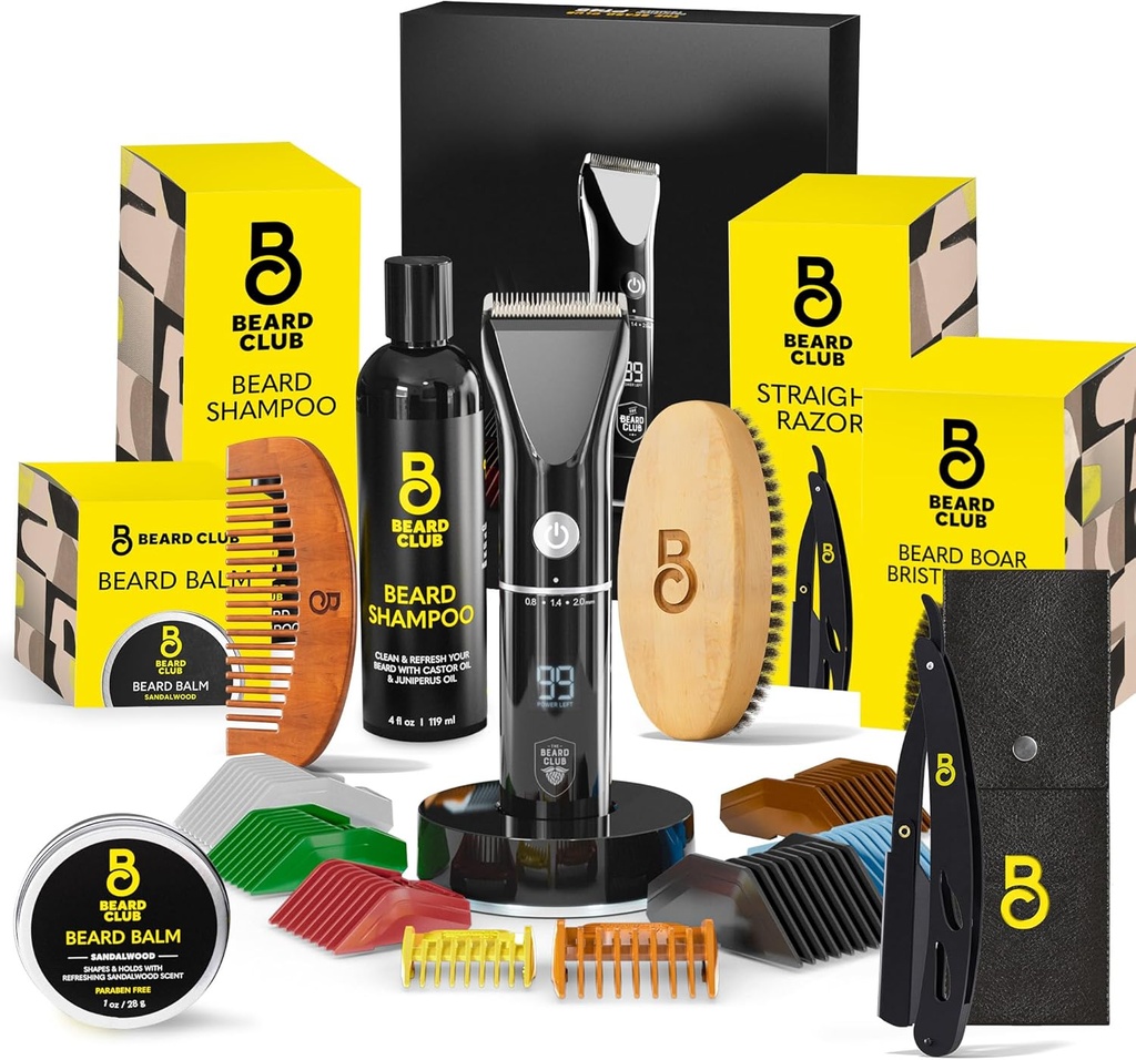 Beard Club męski zestaw do pielęgnacji z profesjonalnym zestawem do włosów i wąsików, Prosty Razor, Szampon, Balsam, Brush & Comb Gift