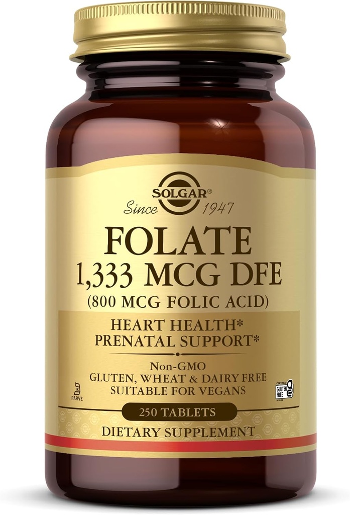 Solgar Folate 1,333 mcg DFE (Kwas foliowy 800 mcg) - 250 tabletek - Wsparcie dla prenatalnych - Non-GMO, Wegan, Gluten Free, Dairy Free, Kosher - 250 Servings