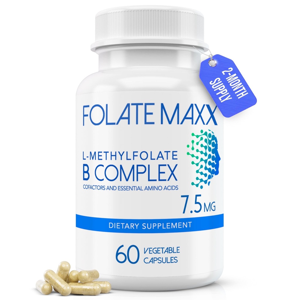 L- Metylfolan + B12 Metylkobalamina & B6 Mieszanka (7, 5 mg) - 60 Kapsułki - Aktywny kompleks B- ze współczynnikami i zasadniczymi kwasami aminokwasów - Nie GMO, Gluten Free, Nie Fillery