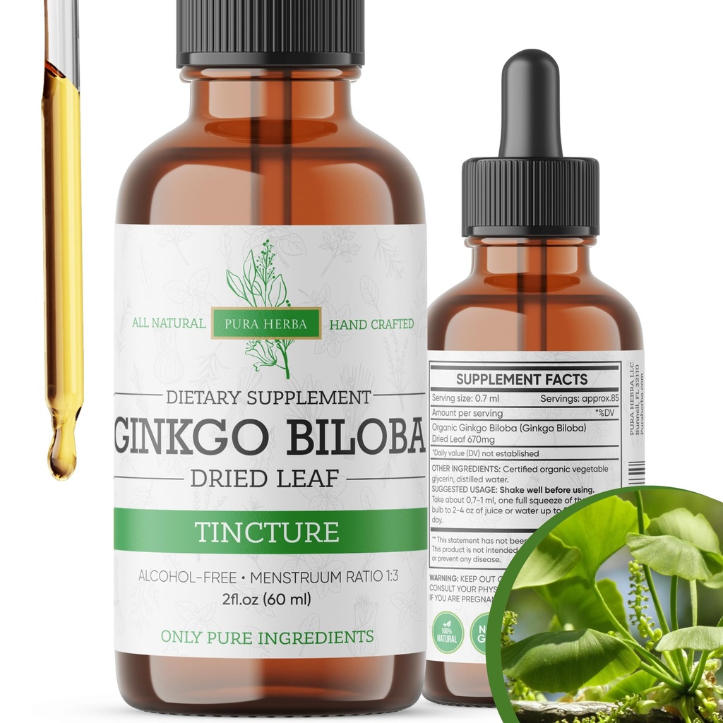 Ginkgo Biloba Extract Liquid 2 Fl Oz, Suplementy do funkcji mózgu i wsparcia pamięci, Alkohol wolny, Wegan - 2 Fl Oz