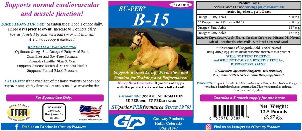 SU- PER B- 15 Suplement witaminy dla koni - Witamina Equine B- 15 Proszek do wspomagania wydajności - 12,5 funta, 6 miesięczne dostawy