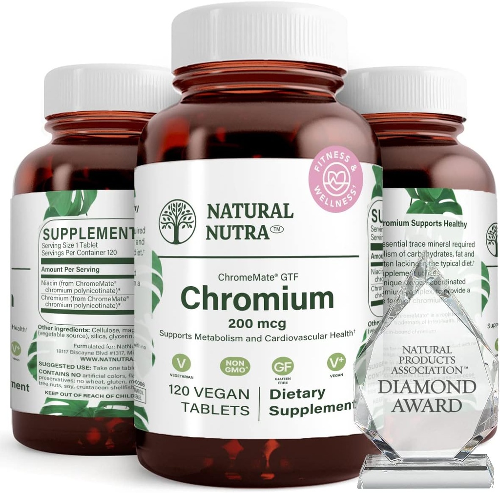 Naturalny polinikotynian chromowy Nutra GTF z ChromeMate, wspomaga metabolizm ciała, wspiera zdrowie serca, utrzymuje poziom tłuszczu ciała, poprawia trawienie, zdrowie układu krążenia, 200 µg, 120 tabletek wegańskich