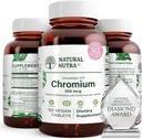 Naturalny polinikotynian chromowy Nutra GTF z ChromeMate, wspomaga metabolizm ciała, wspiera zdrowie serca, utrzymuje poziom tłuszczu ciała, poprawia trawienie, zdrowie układu krążenia, 200 µg, 120 tabletek wegańskich