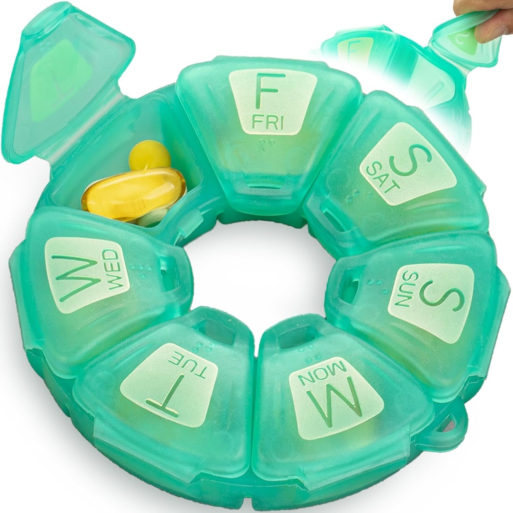 Round Weekly Pill Organizator, TPU Rubberized, Travel Pill Container 7 dzień, z 7 dużych komnat, Wielki dla codziennych witamin i suplementów, Cute Pill Case z dużymi literami i Braille (zielony)