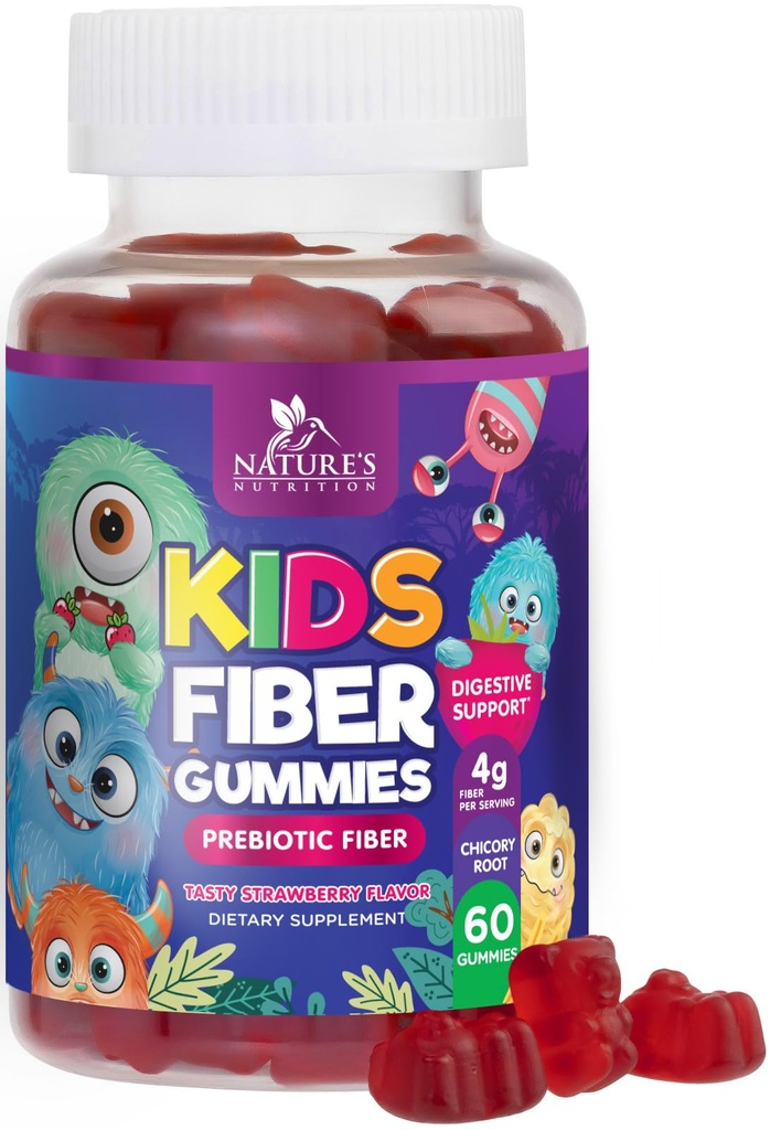 Fiber Gummies dla dzieci, Daily 4g Gummy Fiber Supplement, Prebiotic Digestive Health Support - Natural 's Plant Based Solvable Fiber, Wsparcie Regularności i trawienia dla dzieci Non-GMO - 60 Gummies