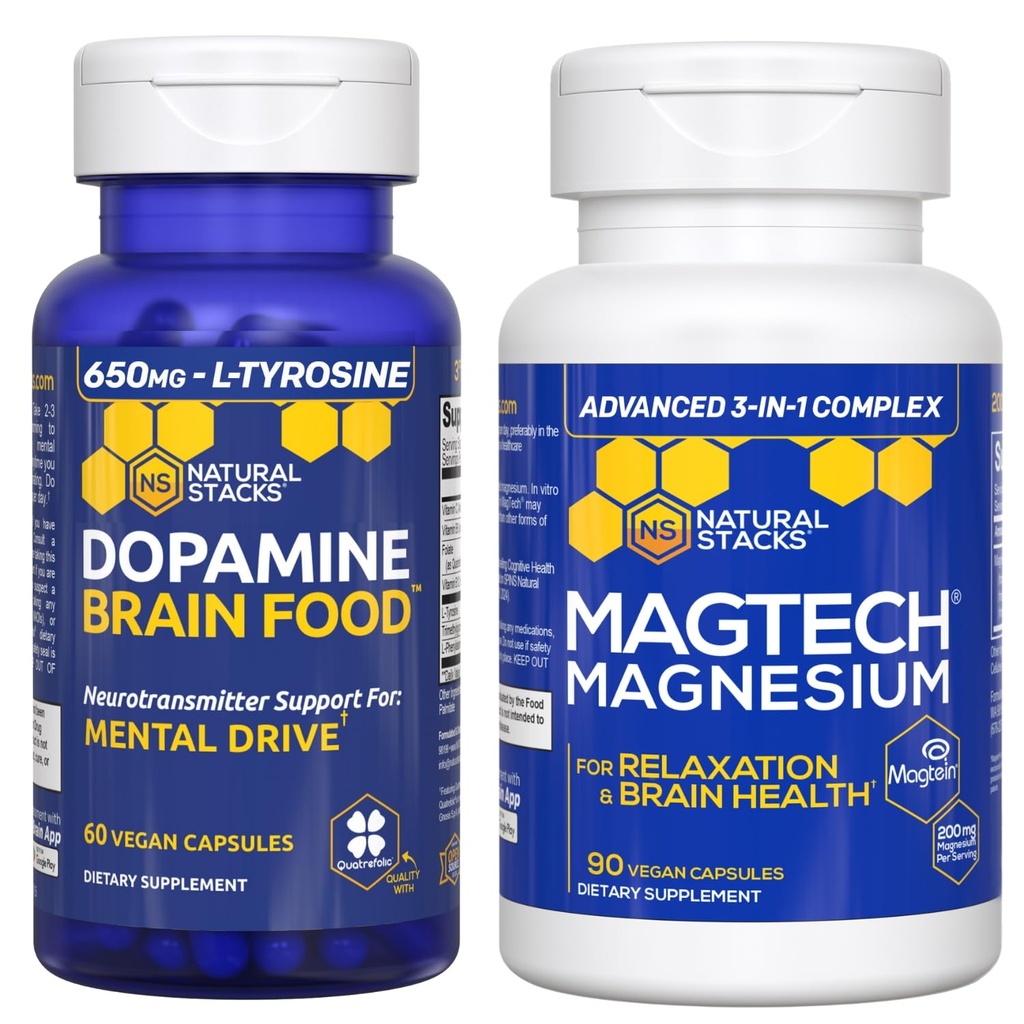 NATURAL STACKS Dopamina Brain Food + Magtech Magnezu Bundle - Chelated Magnezu Complex - Pomaga Mózg Zdrowie i Dysk Mentalny * - 150 Kapsułki ogółem
