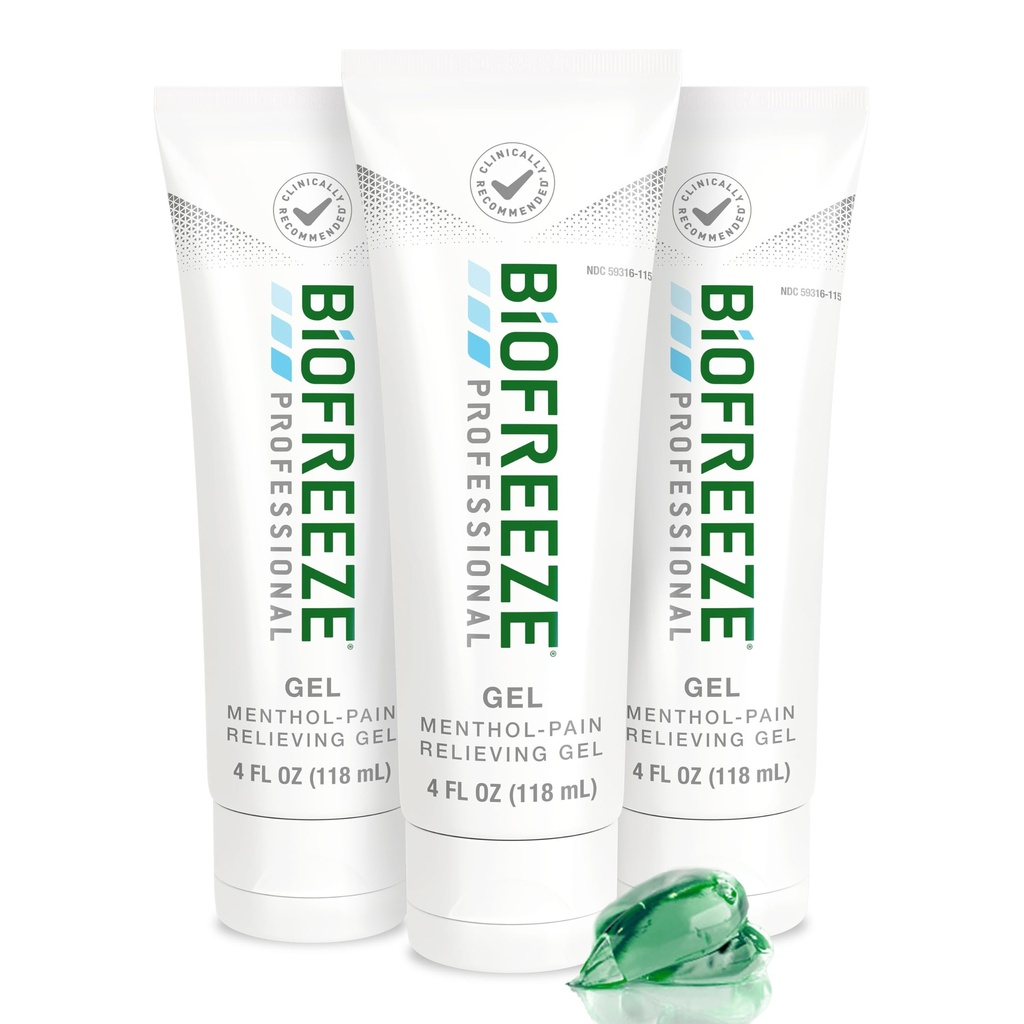 Biofreeze Professional Pain Relief Gel, 4 Oz Tube (3- Pack) - Szybkie, chłodzenie na zapalenie stawów, Ból mięśni, Joint, Back, Neck, Ból kolana i więcej