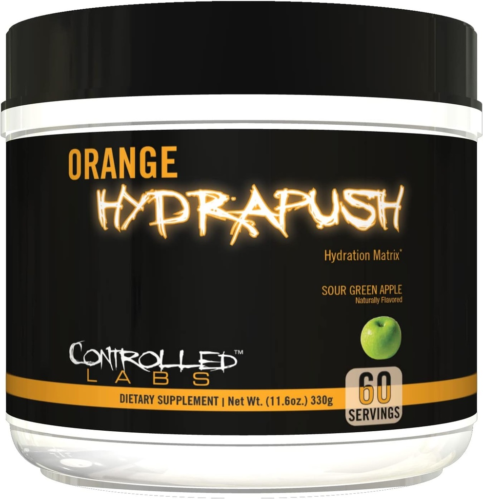Orange Hydraugh Push Electrolyte Powder, 60 Słupy - Advanced Hydrating Recovery - Woda kokosowa & Tauryna - Zwiększenie energii i zwiększenie wytrzymałości (Sour Green Apple)