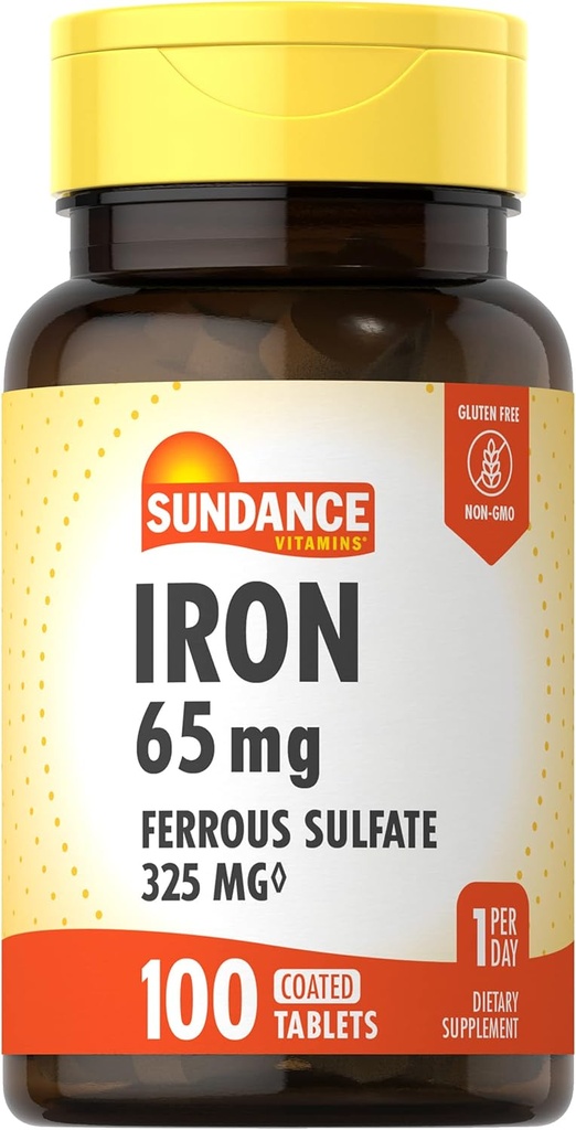 Sundance Żelaza suplement Siarczan żelaza 325mg Siarczan glinu 124; 100 Tablets Siarczan glinu 124; Wegetarianin, Non-GMO, i Gluten Free