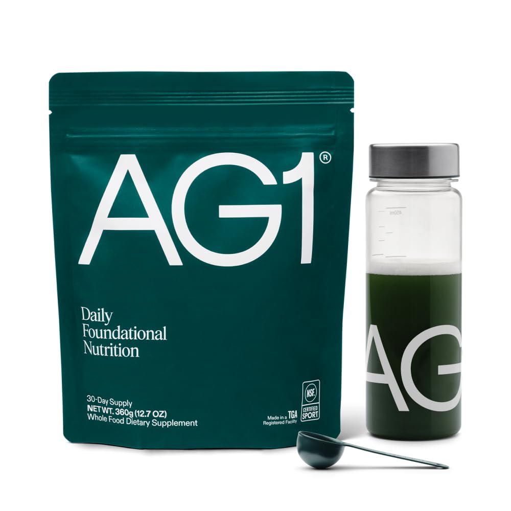 AG1 Zielony suplement do proszku 124; Poprawa Gut zdrowia 124; Multiwitamina, Probiotyk, Gluten wolny, Wegan i Keto Przyjazny 124; Shaker & Scoop Włączony 124; 75 Witaminy (Zielonych atletycznych), Formuła klasyczna