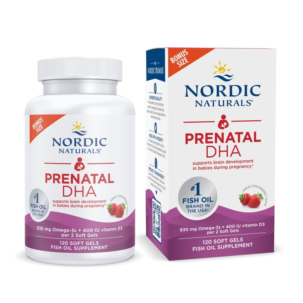 Nordic Naturals Prenatal DHA, Strawberry - 120 Soft Gels - 830 mg Omega-3 + 400 IU Witamina D3 - Wspiera rozwój mózgu u dzieci w czasie ciąży i laktacji - Non-GMO - 60 Służenie